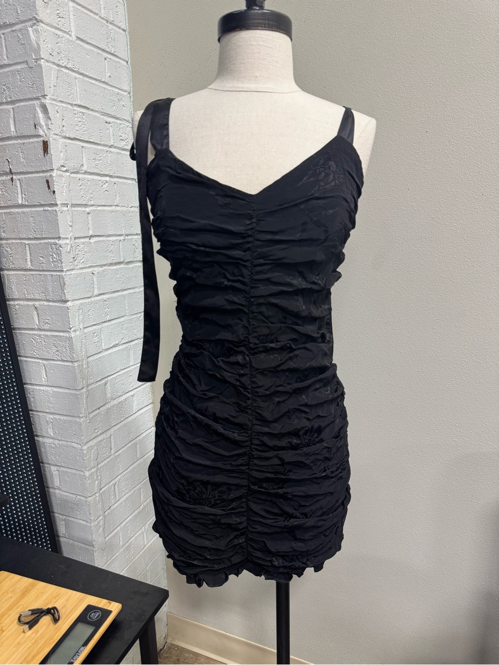 Black Ruched Mini Dress with Tie-Shoulder Detail
